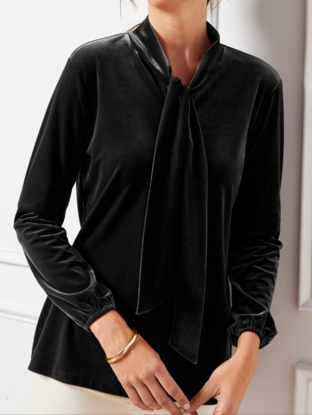 Talbots Tie Detail Black Velvet Blouson Velour Top Size XS